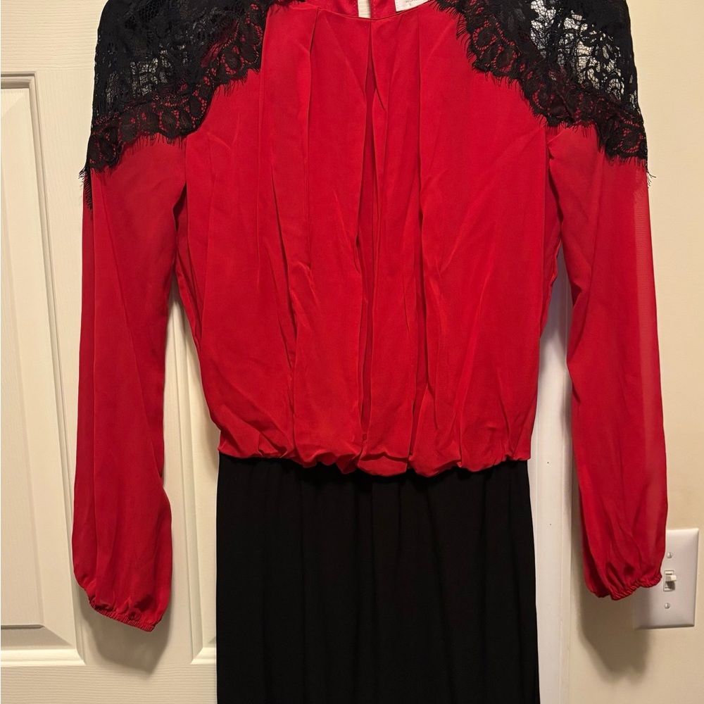 Bisou Bisou Red and Black Lace-Trim Long Sleeve Dress
